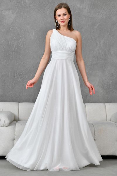 lovebox Glitzerstoff, asymmetrischer One-Shoulder-Kragen, gefüttert, Maxi-Länge, weißes Abendkleid, Abschlusskleid 38995