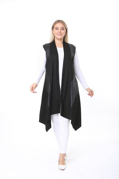 Butik Ayseba Women's Black Leather Detailed Long Asymmetrical Vest