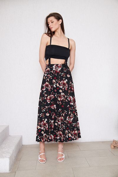 Rudaconcept ROSE PATTERNED PLEATED SKIRT, Black Skirt, Hijab Skirt, Long Skirt, Mother's Gift, Women's Gift