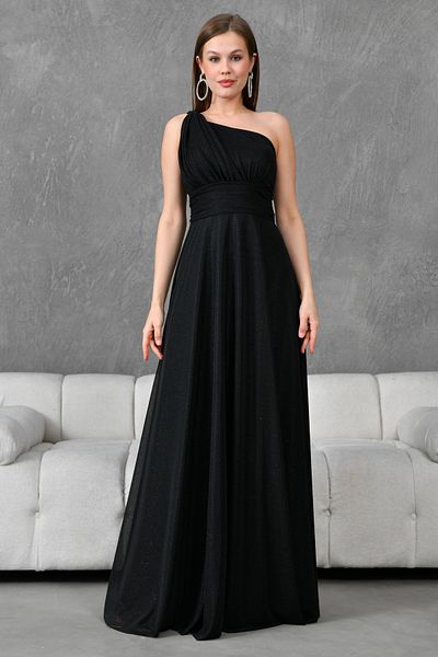lovebox Glitter Fabric One Shoulder Asymmetric Collar Lined Maxi Length Black Evening Dress Graduation Dress 38995
