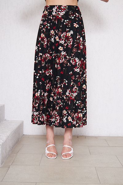 Rudaconcept ROSE PATTERNED PLEATED SKIRT, Black Skirt, Hijab Skirt, Long Skirt, Mother's Gift, Women's Gift