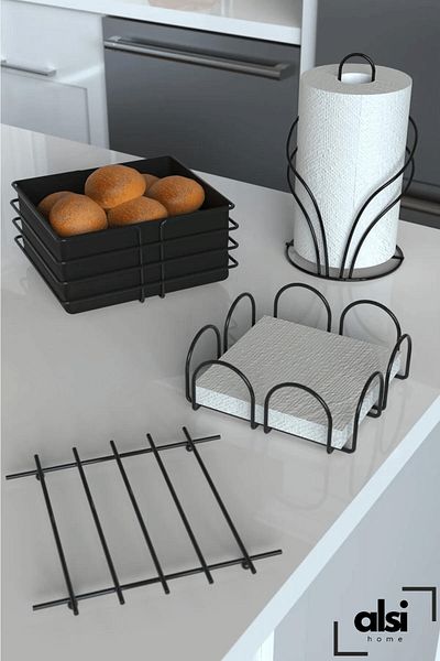 ALSİ HOME Serving Presentation Set and Bread Pot Towel Holder Roll Napkin Holder Horizontal Napkin Holder Trivets Bread Holder - Set of 4