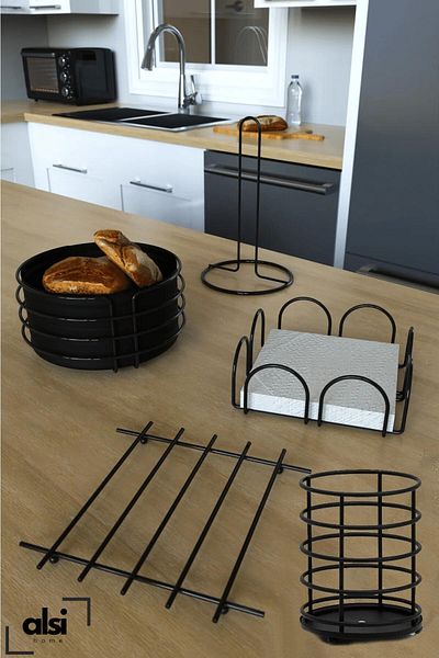 ALSİ HOME Round Bread Pot Bread Basket Trivet Upright Towel Holder Napkin Holder Spoon Holder Stainless Set Set of 5
