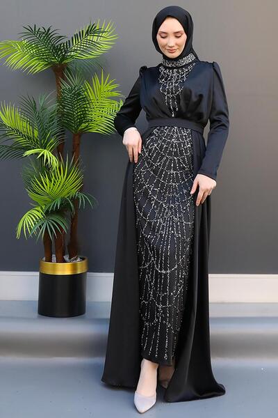 GİZ AGİYİM Embroidered Cloaked Evening Dress Black