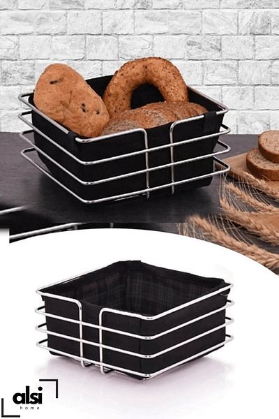 ALSİ HOME Stainless Silver Kitchen Service Presentation Set And Bread Rack Towel Holder Napkin Holder Trivet 4 Pieces