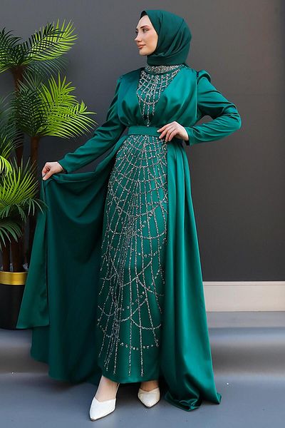 GİZ AGİYİM Embroidered Cloaked Evening Dress Emerald