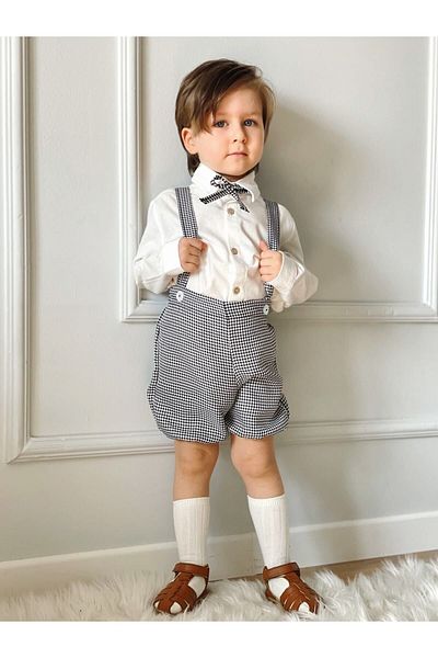 Ares Kids Fashion Gray Short Patterned Salopet and White Shirt Set of Three Children's and Baby Clothing Holiday Girls and Boys