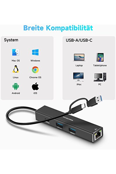 RSHTECH Macbook Ipad Uyumlu Alüminyum Type c USB 3.1 Hub 10 Gbps RJ45 Gigabit Ethernet 1000 Mbps