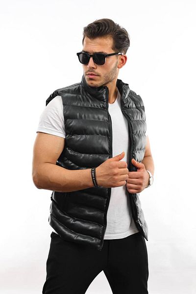 Oliggopol Мъжки кожен елек Slim Fit с вътрешен джоб