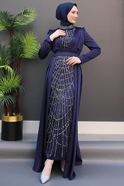 GİZ AGİYİM Embroidered Cape Evening Dress Navy Blue