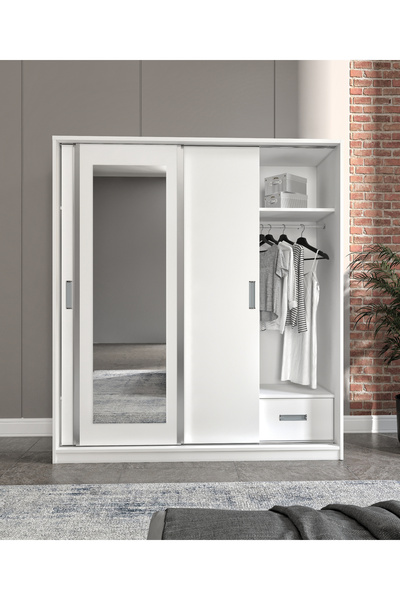 MERLİN MOBİLYA Luna 3 Kapaklı 2 Çekmeceli Aynalı Sürgülü Dolap