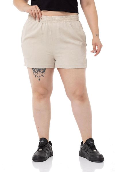 DISENTIS MODEST Plus Size Beige Shorts with Elastic Waist and Side Pockets