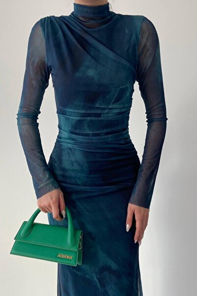 bayansepeti Μίντι Μολύβι Φόρεμα Tie Dye με γιακά και διάφανα μανίκια - Φόδρα τούλι 246