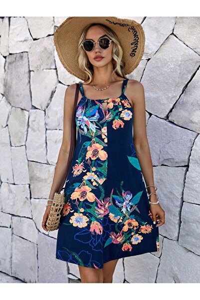 LİVE SPORT Kadın Çiçek Desenli Ön Yaka Damla Detaylı Mini Boy Elbise