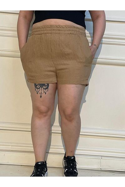 DISENTIS MODEST Dark Mink Colored Plus Size Shorts with Elastic Waist and Side Pockets