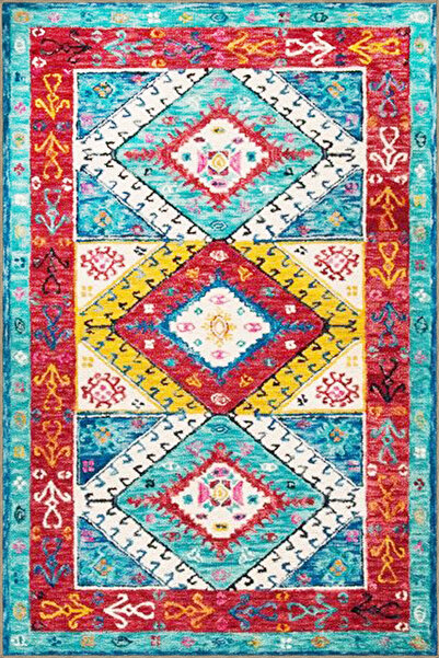 Rugs Modern Halı Жълто-синьо-червен тъкан килим с геометрични шарки 4259