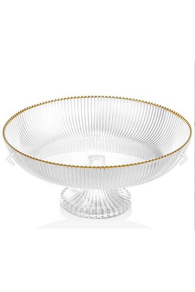 Cam Deposu Glass Footed Fruit Bowl Gold Gilt Detailed Serving Presentation Plate 24 cm