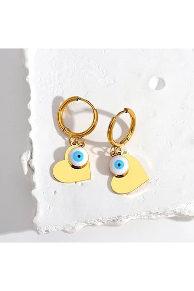 Atelier Çağla Steel Evil Eye Beaded Heart Hoop Earrings