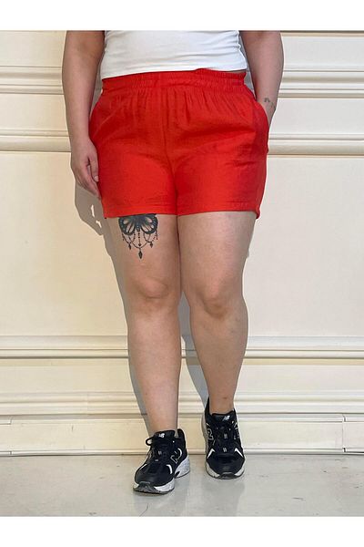DISENTIS MODEST Plus Size - Orange Shorts with Elastic Waist and Side Pockets