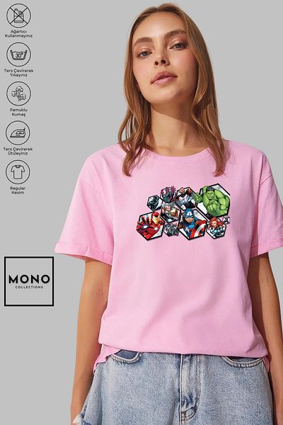 MONO COLLECTİON MONO COLLECTION Unisex Oversize Crew Neck Βαμβακερό κοντομάνικο μπλουζάκι με στάμπα χαρακτήρων Marvel
