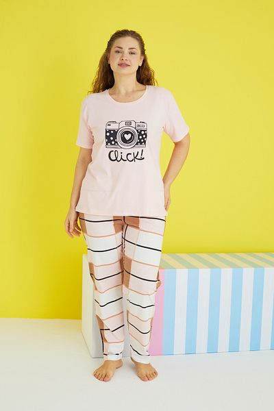 Siyah İnci multicolor Curve Plus Size Oversize Knitted Pajamas Set