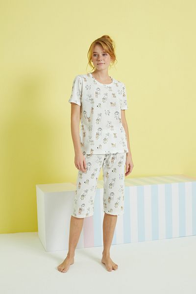 Siyah İnci Ecru Multicolor Knitted Capri Set