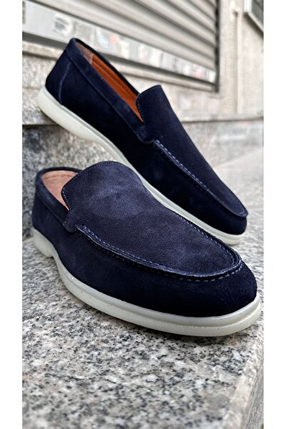 More ERKEK Lacivert Hakiki Nubuk Deri Erkek Loafer