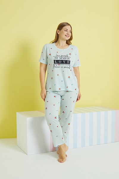 Siyah İnci multicolor Curve Plus Size Oversize Knitted Pajamas Set