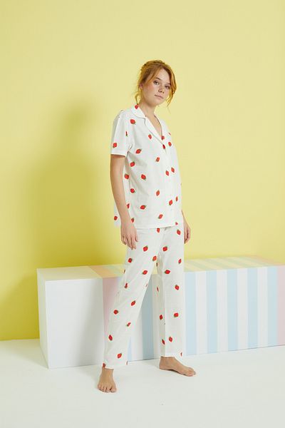 Siyah İnci Ecru Multicolor Knitted Buttoned Pajama Set