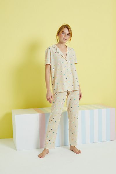 Siyah İnci multi-colored Knitted Buttoned Pajamas Set
