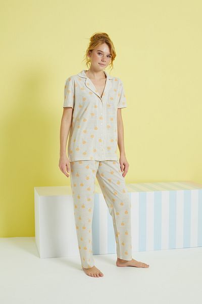 Siyah İnci multi-colored Knitted Buttoned Pajamas Set