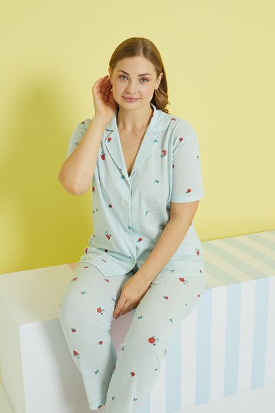 Siyah İnci multi-colored Knitted Curve Plus Size Oversize Buttoned Pajamas Set
