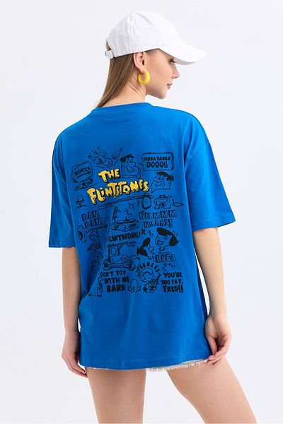 MD trend Tricou supradimensionat din bumbac imprimat Flinstone față și spate pentru femei