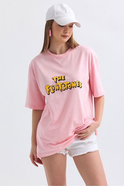 MD trend Tricou supradimensionat din bumbac imprimat Flinstone față și spate pentru femei