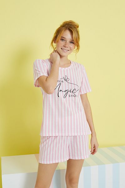 Siyah İnci pink and white striped multicolor Knitted Shorts Set
