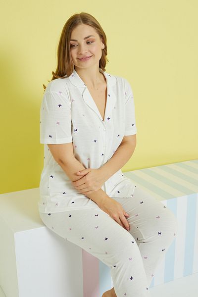 Siyah İnci multi-colored Knitted Curve Plus Size Oversize Buttoned Pajamas Set