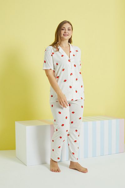 Siyah İnci multi-colored Knitted Curve Plus Size Oversize Buttoned Pajamas Set