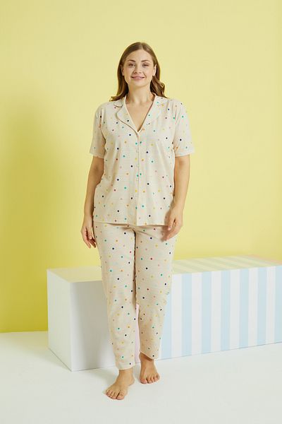 Siyah İnci multi-colored Knitted Curve Plus Size Oversize Buttoned Pajamas Set