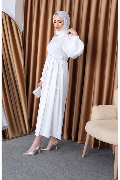 Tesettür Diyarı Hijab Clothing Dubai Υφασμάτινο Φόρεμα-Λευκό
