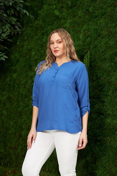 RMG Magnificent Collar Navy Blue Plus Size Blouse