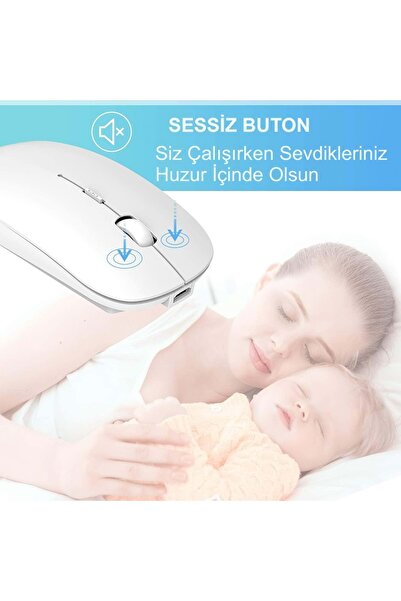 HyMark Sessiz Tıklama Şarjlı Çift Modlu Bluetooth Kablosuz 2.4Ghz Beyaz Mouse