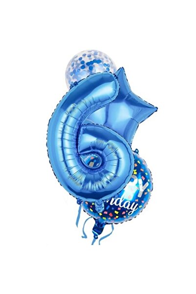 parti sürprizi Mavi 6 Yaş Happy Birthday Konfetili Balon Set