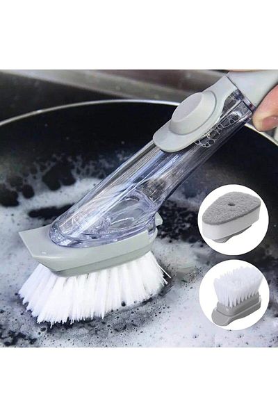 Yıldızhane Handle Dish Brush with Detergent Tank Brush with hard sponge Bath Brush 2 pieces spare Sponge+brush