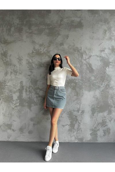 Eke Tekstil Fustă mini din denim cu curea de damă