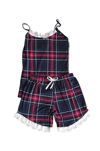 sıla sella Plaid Patterned Lace Embroidered Shorts Top and Bottom Set