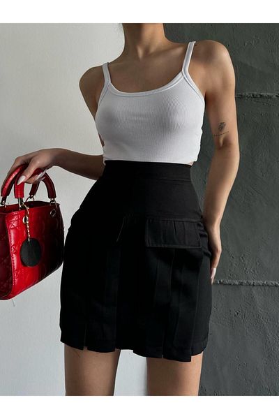 Eke Tekstil Fustă mini plisată cu buzunare cargo negre pentru femei