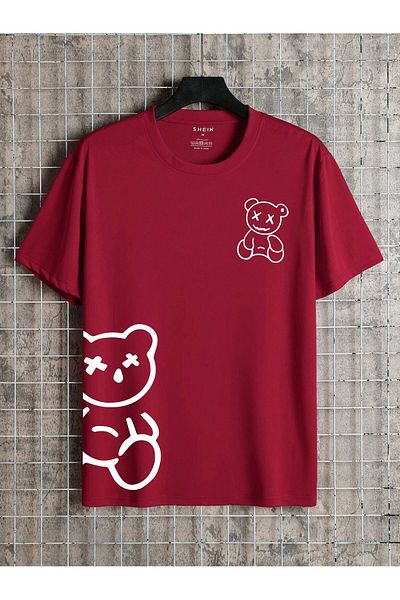 Revasser Unisex Γυναικείο/Ανδρικό αρκουδάκι πολύχρωμο, ειδικά εμπριμέ, βαμβακερό χτενισμένο μπλουζάκι με λαιμόκοψη
