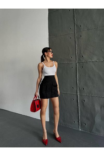 Eke Tekstil Fustă mini plisată cu buzunare cargo negre pentru femei