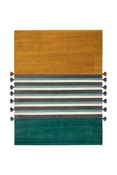 Rugs Modern Halı Berlin Yeşil Sarı Gri Kenarları Püsküllü Çizgili Dokuma Taba...