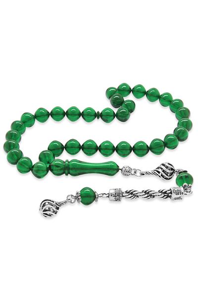 Tesbihane Istanbul Cut Emerald Green Fire Amber Rosary with Tarnish Metal Rope Tassel